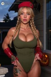 absurdres actress ai_generated armguards beret blonde_hair cammy_white cammy_white_(cosplay) celebrity cleavage female female_only hair highres hourglass_figure huge_breasts joyboyai real_person realistic solo_female street_fighter street_fighter_6 street_fighter_v sydney_sweeney thick_thighs toned twin_braids