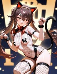 1girl :p ai_generated breasts brown_hair cat_ears cat_tail fishnet_bodysuit fishnets fraxx002 genshin_impact hu_tao_(genshin_impact) long_hair navel paw_pose red_eyes