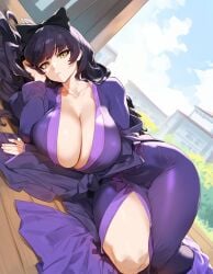 1girls ai_generated black_hair blake_belladonna female huge_breasts light-skinned_female light_skin long_hair looking_at_viewer lucyla ribbon round_ass rwby thick_thighs