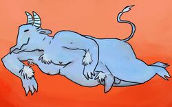 anthro balls belly blue_fur bovine cattle chest_tuft claws closed_eyes fur horn lying male male_only mammal minotaur mooseyhat nipples orange_background overweight penis plain_background reclining solo tuft uncut