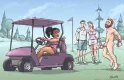 2boys 2girls african_female arms_behind_back ball_gag beard black_hair blonde_hair bound_wrists cfnm cock_and_ball_torture dark-skinned_female day email_address enm femdom golf_cart golf_course grass long_hair malesub orange_hair original outdoors penis ponytail short_hair signature sorenutz testicles tree