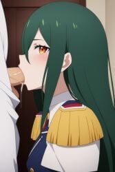 ai_generated big_breasts blowjob crusch_karsten cum_in_mouth deep_blowjob deepthroat dressed faceless_male fellatio green_hair kaizerprimis long_hair oral oral_sex re:zero_kara_hajimeru_isekai_seikatsu soldier_uniform swallowing swallowing_cum throat_fuck yellow_eyes