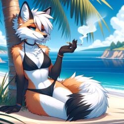 ai_generated anthro anthro_only beach black_bikini black_bra black_panties ciggarate dall-e3 female female_only fox furry furry_only orange_body orange_fur palm_tree white_fur white_hair