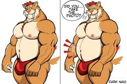 anthro balls bara barazoku bulge darknaigart flaccid furry male male_only muscles muscular penis sabertooth solo solo_male speech_bubble