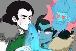 2boys black_hair blowjob blue_hair blue_skin blush destripando_la_historia face_closeup gay handjob loki_(destripando_la_historia) mythology oral_sex pov pov_eye_contact tongue trio yaoi zeus_(destripando_la_historia)