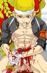 1boy abs arm_cuffs barefoot big_areola blonde_hair blood blood_drip blood_from_mouth blood_from_wound blood_in_mouth blood_on_arm blood_on_body blood_on_breasts blood_on_clothing blood_on_face blood_on_floor blood_on_hand blood_on_leg blood_on_mouth blood_on_penis blood_on_stomach blood_on_weapon blood_splatter blood_stain blood_trail brown_eyes collarbone extreme_content extreme_gore feet flaccid freckles frown fundoshi gakuran genital_outline gloves gokko gore gritted_teeth guro hachimaki headband holding_object holding_weapon imminent_death katana kneeling laceration looking_down male male_only mature_male muscles muscular muscular_legs muscular_male muscular_thighs open_clothes original original_character ouendan pale-skinned_male pale_skin pecs pennant r18g rokushaku_fundoshi sacrifice seppuku short_hair six_pack solo suicide sweat sweatdrop sweating tearing_up tears toes tough_guy translucent_clothing v-shaped_eyebrows wet_fundoshi white_fundoshi white_gloves