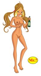 1girls alcohol bottle breasts brown_hair cobolt2 earrings female female_only flora_(winx_club) green_eyes human looking_at_viewer naked nipples nude png pussy solo solo_female tagme tied_hair white_background wine wine_bottle winx_club