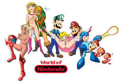 a_link_to_the_past artist_request color crossover fairy female hair human hylian link link_(a_link_to_the_past) luigi male mario mario_(series) mario_and_luigi_(series) mega_man mega_man(classic) metroid multiple_females multiple_males navi nintendo princess_peach princess_zelda robot rush_(mega_man) samus_aran straight_hair the_legend_of_zelda white_background zelda_(a_link_to_the_past)