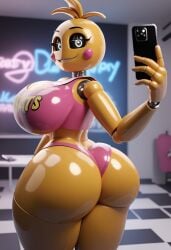 ai_generated big_ass big_breasts bubble_butt cellphone eyelashes five_nights_at_freddy's five_nights_at_freddy's_2 holding_phone hourglass_figure huge_ass huge_breasts looking_at_viewer phone pink_tank_top pink_thong pink_topwear robot robot_girl robot_joints roger1011 selfie shiny_skin smile smiling smiling_at_viewer tank_top thick_thighs thong toy_chica_(fnaf) wide_hips yellow_body yellow_skin