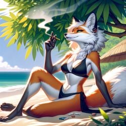 ai_generated anthro anthro_only beach black_bikini black_bra black_panties cigarette dall-e3 female_only fox furry furry_only orange_body orange_fur palm_tree sand smoking white_fur white_hair