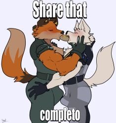 anthro arctic_fox blush bulge bulge_frottage canid canine canis closed_eyes clothed clothing duo epic_games erection erection_under_clothing fennix_(fortnite) food food_in_mouth fortnite fox fur genitals gloves handwear hi_res hug hugging_another male male/male mammal meme multicolored_body multicolored_fur orange_body orange_fur pinumontbalou red_fox text true_fox volpez_(fortnite) white_body white_fur