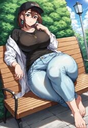 ai_generated ayase_momo barefoot baseball_cap black_headwear blue_clothing blue_jeans bottom_heavy cap clothed_female clothing dandadan footwear giantess headwear hourglass hourglass_figure jacket jeans light_blue_clothing light_jeans loitering sitting smiling smug sneakers taller_female thighs thunder_thighs tight_clothing tight_jeans touching_grass