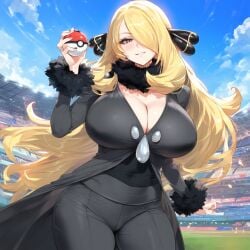 1girls ai_generated big_breasts blonde_hair cynthia_(pokemon) oppai-love pokemon slut slutty sole_female solo