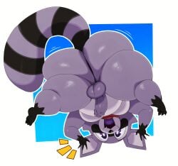 1boy absurd_res absurd_resolution adorable adorable_face ai_upscaled backsack big_ass big_tail cartoony chubby_male cute cute_face cute_fang girly happy_expression indigo_park looking_at_viewer looking_back male_only purple_body purple_eyes purple_fur purple_tongue raccoon raccoon_ears raccoon_tail rambley_(indigo_park) rambley_raccoon red_bandana shortstack simple_background small_balls small_penis solo_male sssonic2 surprised_expression thick_thighs toony upside-down