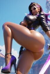 3d ai_generated from_below huge_ass huge_breasts overwatch overwatch_2 seductive smile sombra