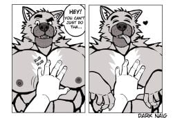 anthro bara barazoku belly_rub canine darknaigart furry male male_only monochrome muscles muscular nude rubbing_belly speech_bubble tongue_out wolf