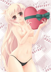 blonde_hair breasts brown_eyes fate_testarossa frapowa heart large_breasts long_hair lyrical_nanoha mahou_shoujo_lyrical_nanoha mahou_shoujo_lyrical_nanoha_strikers navel nipples panties underwear valentine