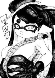 1girls black_gloves callie_(alterna) callie_(splatoon) cleavage earrings gloves greyscale hair_ornament hands_on_own_hips inkling inkling_girl large_breasts long_hair looking_at_viewer mole mole_under_eye nintendo pointy_ears sassan simple_background solo solo_female solo_focus splatoon splatoon_3 splatoon_3:_return_of_the_mammalians tentacle_hair white_background