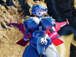 1boy 1girls 3d big_breasts blue_eyes busty casual_nudity experttitan5564 flying grey_body high_heels hugging larger_female mechanical_wings nipples pubic_tattoo red_lipstick robot robot_girl robot_humanoid size_difference thick_thighs transformers trawert windblade