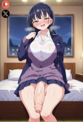 1futa ai_generated balls bedroom big_breasts big_penis black_hair blush boku_no_kokoro_no_yabai_yatsu clothed cock dickgirl flaccid foreskin futa_only futanari huge_cock indoors light-skinned_futanari light_skin long_hair looking_at_viewer penis precum roxygtf sitting smug solo sweat sweating sweaty_body yamada_anna yellow_eyes