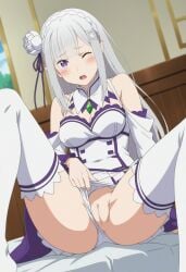 big_ass big_breasts elf elf_ears elf_female emilia_(re:zero) female_only large_ass long_hair purple_eyes pussy re:zero_kara_hajimeru_isekai_seikatsu showing_pussy silver_hair