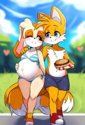 aged_up ai_generated anthro cream_the_rabbit furry miles_prower novelai pregnant romantic_couple sonic_(series) tails_the_fox