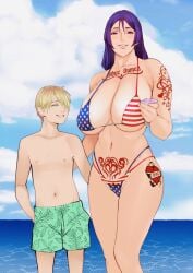 american_flag artist_request ass_grab beach belly_button big_ass big_breasts bikini bikini_bottom bikini_top bleached blonde_hair blue_eyes blush commission dominant fate/grand_order fate_(series) glowing_sora grabbing grabbing_from_behind height_difference lipstick looking_at_viewer massive_breasts minamoto_no_raikou_(fate/grand_order) mostly_nude oc original_character pale-skinned_female pale-skinned_male pale_skin phone purple_eyes purple_hair queen_of_hearts raceplay servant sex_slave sex_toy shorter_male shorts size_difference slave submissive submissive_female thick_thighs wide_hips