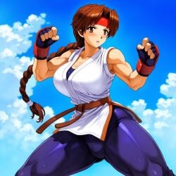 1girls athletic big_breasts brown_eyes brown_hair busty female gloves headband karate_gi king_of_fighters leggings light-skinned_female light_skin long_hair outdoors outside skirt spandex spread_legs thick_thighs thighs tied_hair voluptuous voluptuous_female wide_hips yoga_pants yuri_sakazaki