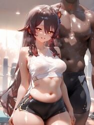 ai_generated black_shorts brown_hair crop_top dark-skinned_male exposed_midriff fuwako genshin_impact gym gym_clothes gym_shorts horny_female hu_tao_(genshin_impact) indoors looking_at_viewer man_standing_behind_woman muscular_male seductive_look shiny_skin shirtless_male small_breasts sweat taller_male thighs tight_shorts white_crop_top