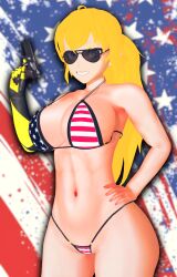 1girls abs american american_flag_bikini arrancon big_breasts bikini bikini_bottom bikini_top blonde_female blonde_hair fourth_of_july gun hand_on_hip purple_eyes robotic_arm rwby solo_female sunglasses yang_xiao_long