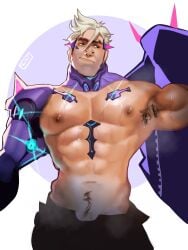 1boy abs armpit_hair bara brown_eyes crystals first_porn_of_character gauntlets haideebobs hazard_(overwatch) hazard_(overwatch_2) male male_nipples male_only muscles muscular_male neckwear nipples nose_piercing overwatch overwatch_2 pecs shirtless shirtless_male tanned_skin treasure_trail white_hair