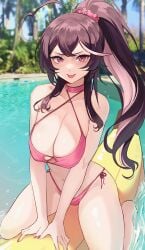 ahoge bangs beach bikini black_hair blurry blurry_background breasts brown_hair choker cleavage collarbone day depth_of_field female hair_ornament hair_scrunchie halterneck kneeling large_breasts long_hair looking_at_viewer momotexx_(artist) momotexx_(vtuber) multicolored_hair nail_polish navel ocean outdoors palm_tree pink_bikini pink_eyes pink_hair ponytail pool scrunchie side-tie_bikini sitting solo swimsuit tongue tongue_out tree two-tone_hair vyugen wariza water