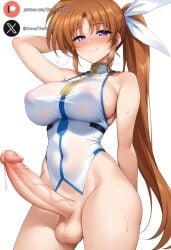 1futa ai_generated balls big_breasts big_penis blush brown_hair clothed cock dickgirl erection foreskin futa_only futanari huge_cock light-skinned_futanari light_skin long_hair looking_at_viewer lyrical_nanoha mahou_shoujo_lyrical_nanoha mahou_shoujo_lyrical_nanoha_strikers nanoha_takamachi penis ponytail precum purple_eyes roxygtf smug solo standing sweat sweating sweaty_body takamachi_nanoha