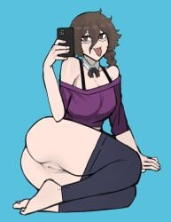 1girls anne apple apple_butt ass ass_focus brown_hair curly_hair dat_ass feet glasses oc original_character phone pleasure_face pussy selfie taking_selfie tongue tongue_out twintails undressing