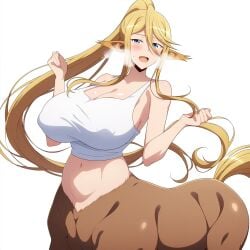 1girls ai_generated aigbrea aroused aroused_male belly_button blue_eyes blush bottomless breasts centaur centorea_shianus female large_breasts long_hair monster_girl monster_musume_no_iru_nichijou nipple_bulge steam tagme tank_top taur yellow_hair