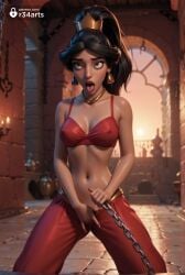 1girls ahe_gao ai_generated aladdin aladdin_(1992_disney_film) artist_name black_hair bra breasts brown_eyes chain_leash chains cleavage clothed_masturbation collarbone covered_nipples dark-skinned_female dark_skin disney disney_princess earrings erect_nipples female_masturbation fingering fingering_under_clothes hand_in_pants hand_under_clothes hi_res high_ponytail holding indoors jewelry kneeling leash long_hair looking_pleasured masturbating_under_clothes masturbation masturbation_under_clothes medium_breasts nail_polish navel open_mouth orgasm_face pants pleasure_face ponytail princess_jasmine pussy_juice r34arts red_pants rolling_eyes saliva slave solo stomach tongue tongue_out