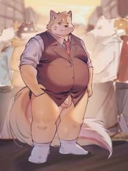 2024 anthro belly big_belly bottomwear brown_body canid canine canis clothing domestic_dog flaccid genitals group hi_res hoodie kemono linzer_(artist) male mammal necktie outside overweight overweight_male pants penis shirt small_penis solo_focus solo_male topwear