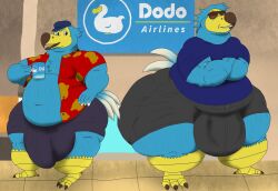 aloha_shirt alythewolfcat animal_crossing anthro avian big_bulge bird bottomwear bulge clothing columbid container cup detailed_bulge dodo duo genital_outline hi_res holding_container holding_cup holding_mug holding_object huge_bulge hyper hyper_bulge male male_only morbidly_obese mug muscular muscular_male nintendo obese orville_(animal_crossing) overweight overweight_male pattern_clothing pattern_shirt pattern_topwear penis_outline recently_extinct_species shirt shorts topwear wearing_sunglasses wide_hips wilbur_(animal_crossing)