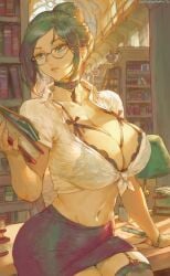 1girls book bra breasts choker cleavage cutesexyrobutts detailed_background emotionless emotionless_female female female_only glasses indifference indifferent large_breasts library light-skinned_female light_skin midriff original original_character pencil_skirt see-through see-through_clothing skirt solo tight_skirt unamused unbothered uncaring unenthusiastic