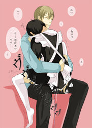 2boys crossdressing durarara!! femboy gay hug implied_anal japanese_text maid_headdress maid_uniform male_only orihara_izaya translation_request yaoi yumasaki_walker