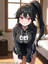 ai_generated bangs bed bedroom black_hair black_hoodie blush breasts closed_mouth clothes_writing cowboy_shot drawstring female hood hood_down hoodie indoors jellyray_ai large_breasts leaning_forward long_hair long_sleeves looking_at_viewer miryeong plant ponytail red_eyes shorts sidelocks smile solo the_advanced_player_of_the_tutorial_tower thighs watermark webtoon window