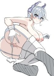 after_sex ass blush cum demon demon_girl duel_monster edit fuheho0706 grabbing_ass hand_on_butt huge_breasts labrynth_of_the_silver_castle large_breasts legwear lovely_labrynth_of_the_silver_castle nipples rear_view silver_eyes standing twintails vagina white_background white_hair yu-gi-oh!