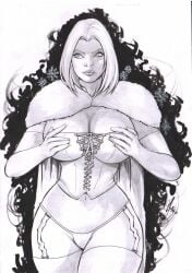 black_and_white corset curvy emma_frost female female_only h.ric hellfire_club holding_breasts holding_own_breasts lingerie marvel marvel_comics panties thick thick_thighs white_queen x-men