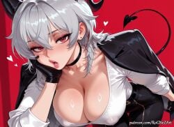 2025 ai_generated animal_tail anime bangs black_choker black_gloves black_pants breasts choker cleavage collarbone covered_nipples crossover demon_girl demon_horns demon_tail earrings eye_contact female female_focus gloves grey_hair hair_between_eyes handwear heart highres horns huge_breasts jacket jacket_on_shoulders jewelry large_breasts leaning_forward lips looking_at_viewer moaning nsfw open_mouth pants patreon red_background red_eyes rognezart shirt solo tail white_shirt wuthering_waves zani_(wuthering_waves)