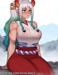 1girls ai_generated clothed female female_only large_breasts muscular muscular_female one_piece onsen ryogangg thick_thighs yamato_(one_piece)