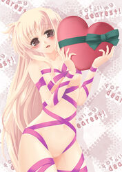 breasts brown_eyes fate_testarossa frapowa heart large_breasts long_hair lyrical_nanoha mahou_shoujo_lyrical_nanoha mahou_shoujo_lyrical_nanoha_strikers naked_ribbon navel nipples pussy ribbon uncensored valentine