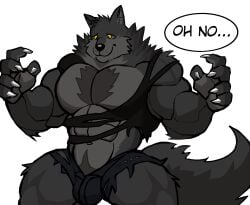 after_transformation anthro balls bara barazoku bulge darknaigart flaccid furry male male_only muscles muscular penis ripped_clothing solo solo_male speech_bubble werewolf wolf