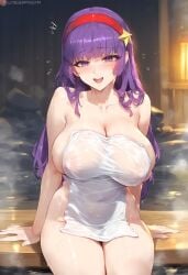 1girls ai_generated athena_asamiya barely_clothed big_breasts busty female headband hot_spring king_of_fighters light-skinned_female light_skin long_hair looking_at_viewer pale-skinned_female pale_skin purple_hair steam tharkica thighs tied_hair towel voluptuous voluptuous_female wet wet_clothes