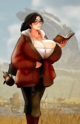 alma_(monster_hunter_wilds) big_ass big_breasts black_hair book breasts brown_eyes brown_hair capcom chorquistudios cleavage clothed clothed_female clothing female female_only glasses happy happy_female hips holding holding_object huge_ass huge_breasts human jacket kettle kneeling legs light-skinned_female light_skin long_hair looking_at_viewer massive_breasts mature_female milf monster_hunter monster_hunter_wilds outdoors reading smile smiling smiling_at_viewer soft_breasts solo standing thick_eyebrows thick_thighs thighs top_heavy very_high_resolution wide_hips