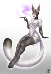 anthro arcane cat_ears cat_tail catgirl female fluffy freckles furry futanari lest_(arcane) nude nude_female paws penis solo solo_female spots spotted_fur tail vastaya